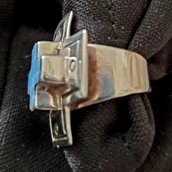 HANDCRAFTED ETCHED STERLING SILVER BLUE TURQUOISE CROSS RING SZ 5 ONE OF A KIND! - Picture 6 of 8